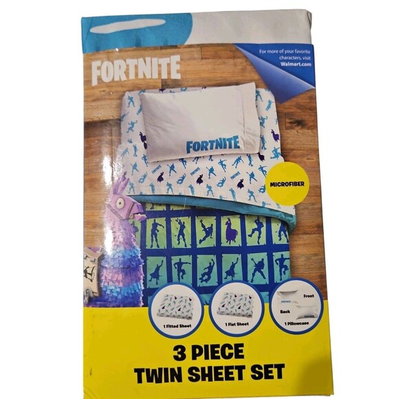 Fortnite 3 Piece Twin Sheet Set Fitted Flat And Pillowcase Blue Polyester - Picture 1 of 7